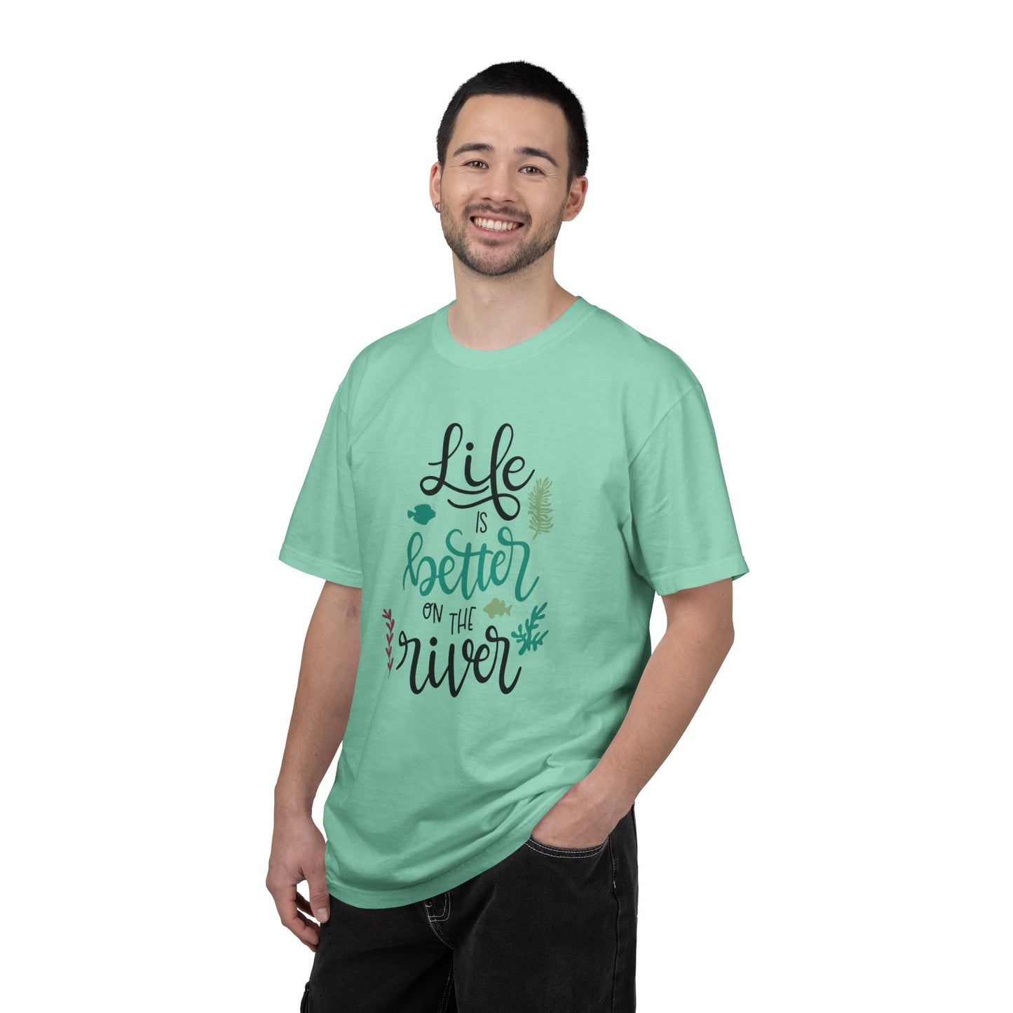 Life Is Better On The River Sand Seashells Waves Tee Elegance Glasses Amazing Fishes Unisex Heavy Cotton T-Shirt