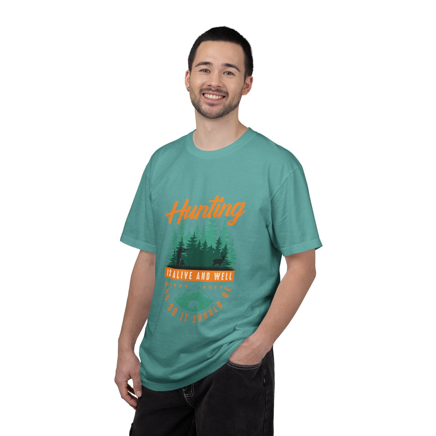 Funny Hunting Is Alive And Well Hunting Enthusiast Hunting Season Sarcastic Forest Wilderness Adventure Unisex Heavy Cotton T-Shirt