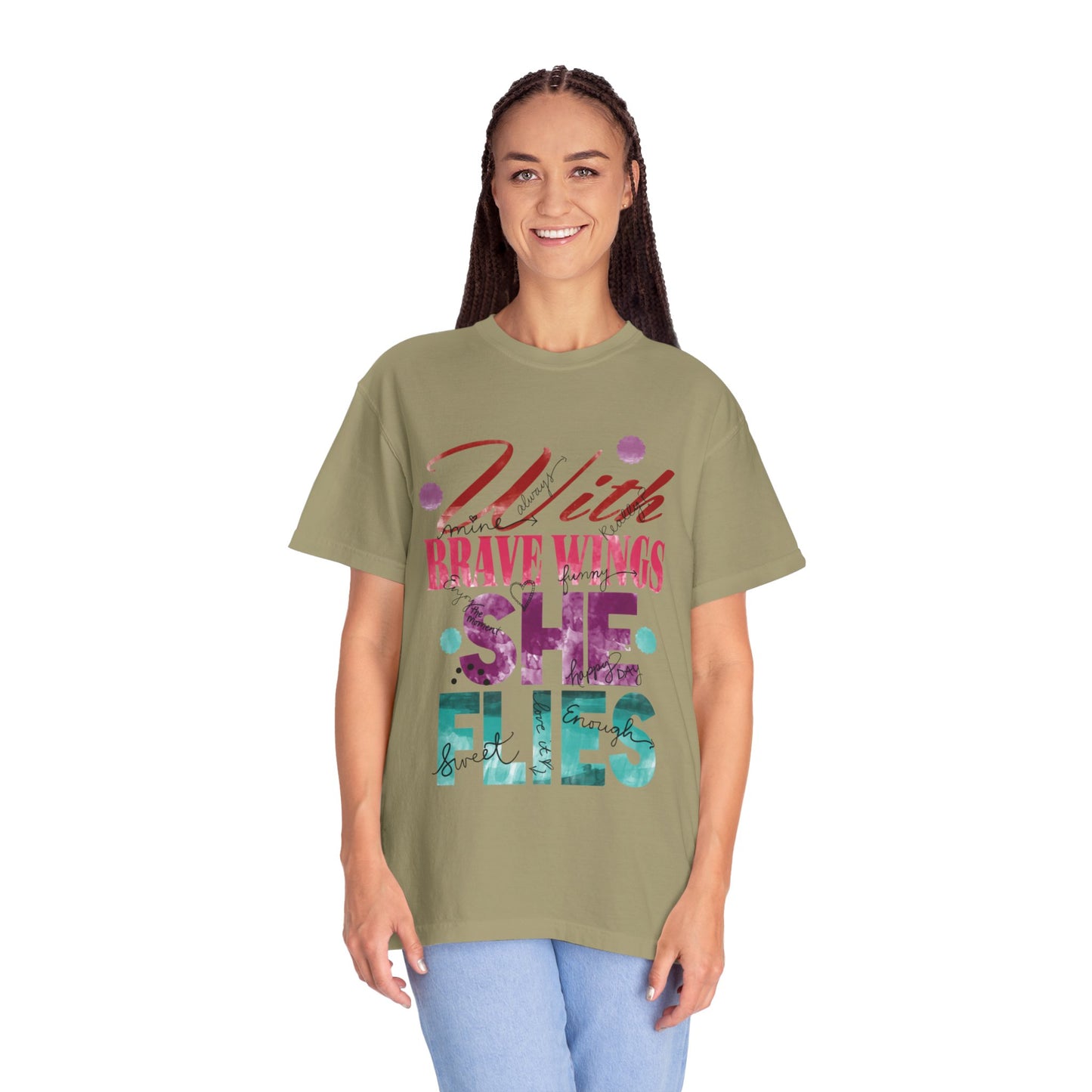 With Brave Wings She Flies Encouragement Self-belief Tee Moral Support Hopefulness Positivity High Achievements Unisex Heavy Cotton T-Shirt