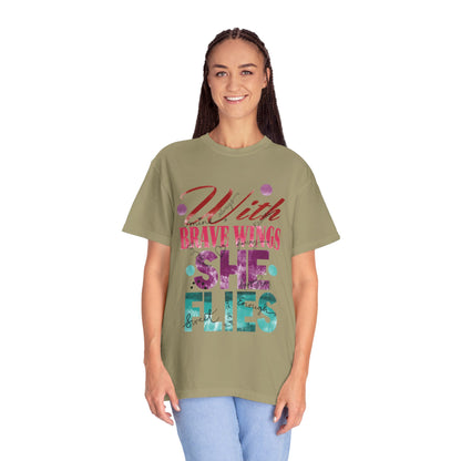 With Brave Wings She Flies Encouragement Self-belief Tee Moral Support Hopefulness Positivity High Achievements Unisex Heavy Cotton T-Shirt