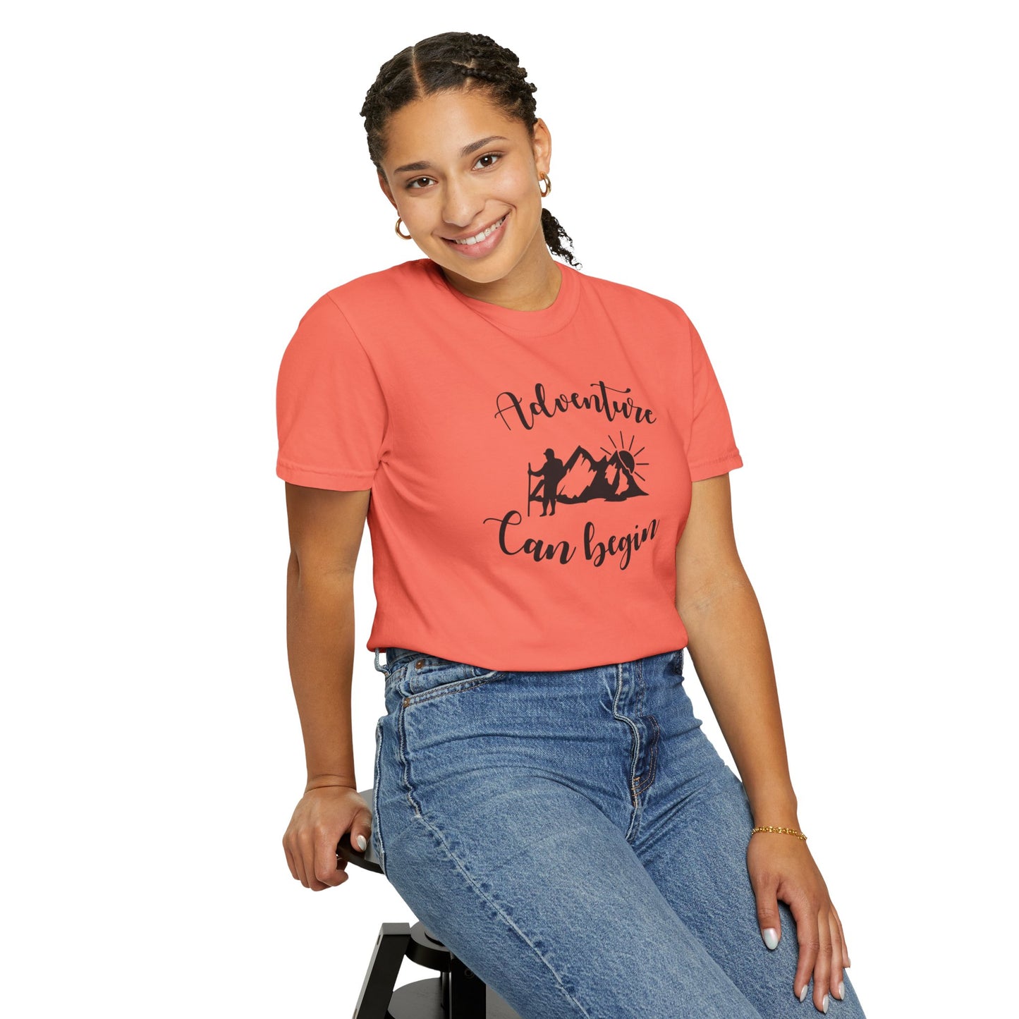 Adventure Can Begin Trendy Tee Enjoyment Mountain Hut Belays Ropes Fun Activities Exploring Unisex Heavy Cotton T-Shirt