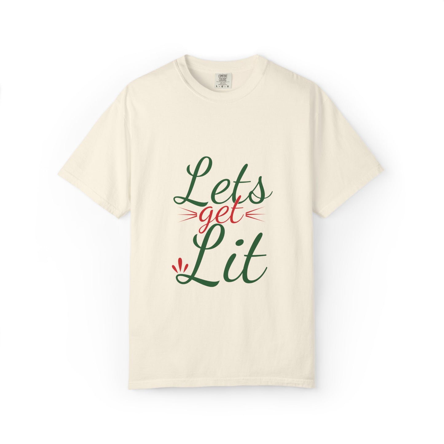 Let’s Get Lit Sparkly Bows Merry Christmas New Year Celebration Festive Season Xmas Tree Fireworks Unisex Heavy Cotton T-Shirt