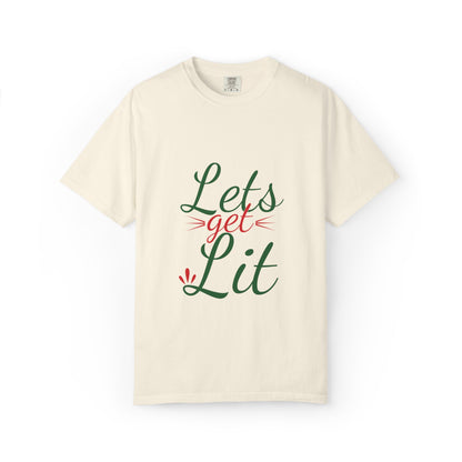 Let’s Get Lit Sparkly Bows Merry Christmas New Year Celebration Festive Season Xmas Tree Fireworks Unisex Heavy Cotton T-Shirt