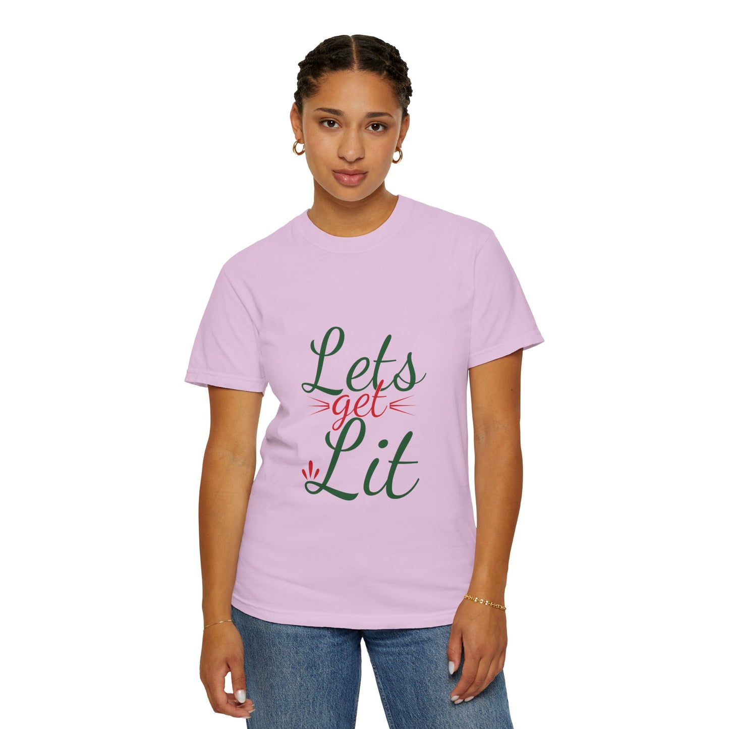Let’s Get Lit Sparkly Bows Merry Christmas New Year Celebration Festive Season Xmas Tree Fireworks Unisex Heavy Cotton T-Shirt