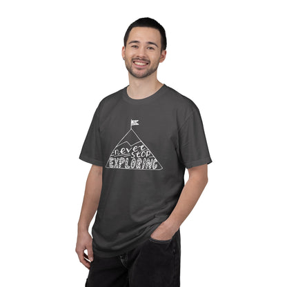 Never Stop Exploring Cool Tee Trekking Outdoor Adventure Hiking Nature Lover Rocks Climbing Unisex Heavy Cotton T-Shirt