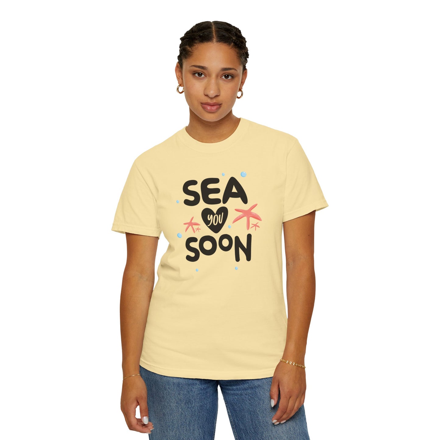 Sea You Soon Sarcastic Tee Ocean Wordplay Seaside Lover Summer Goodbye Ocean Trip Unisex Heavy Cotton T-Shirt