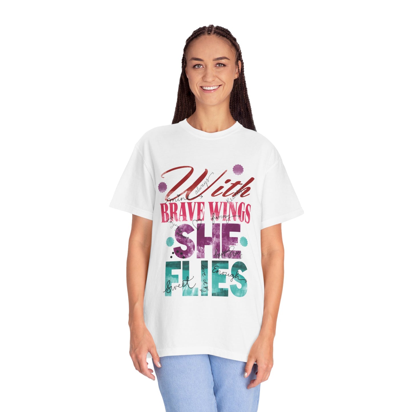 With Brave Wings She Flies Encouragement Self-belief Tee Moral Support Hopefulness Positivity High Achievements Unisex Heavy Cotton T-Shirt