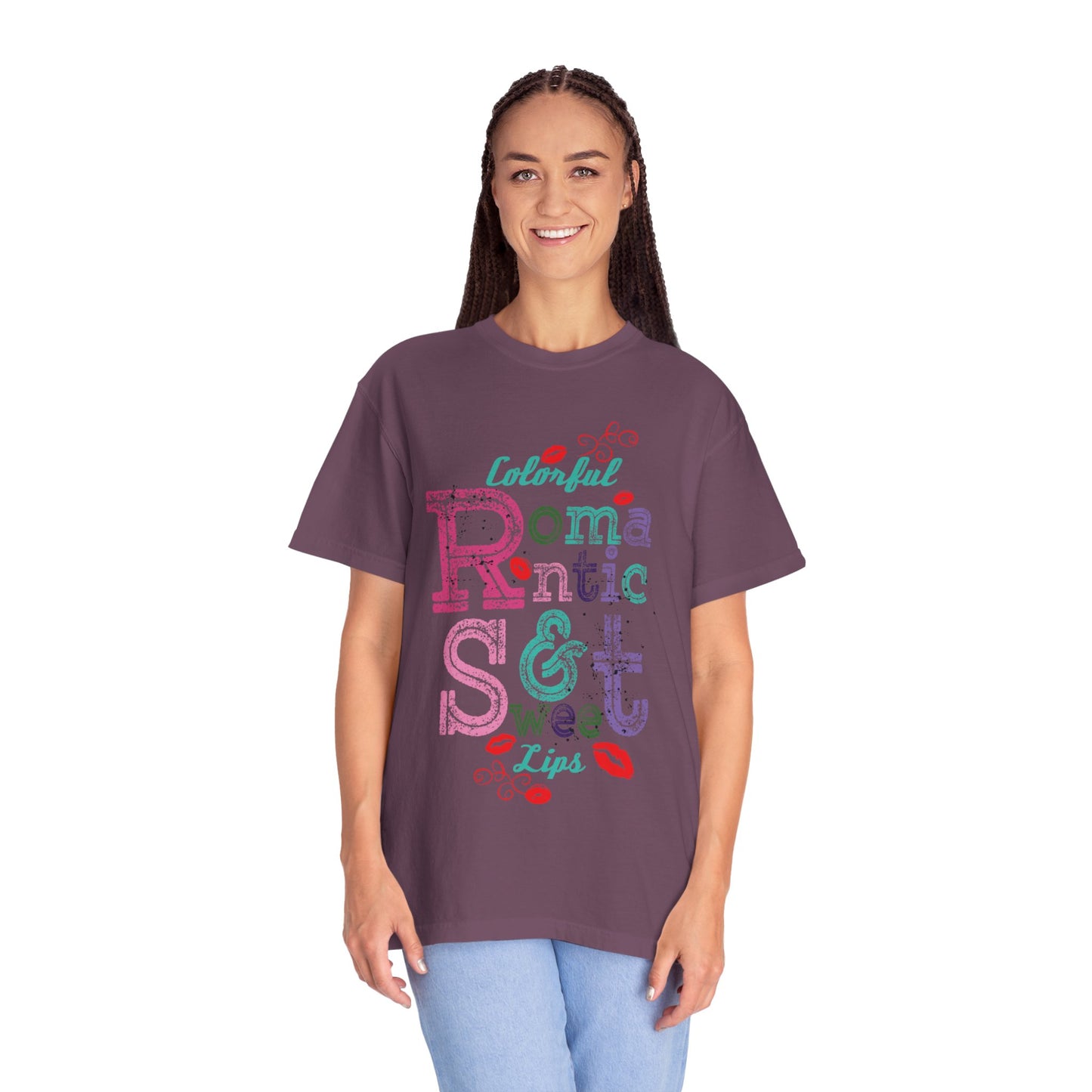Colorful Romantic & Sweet Lips Affection Lovers Tee Romantic Relationship Forever Strawberry-Tinted Kisses Satin Softness Unisex Heavy Cotton T-Shirt