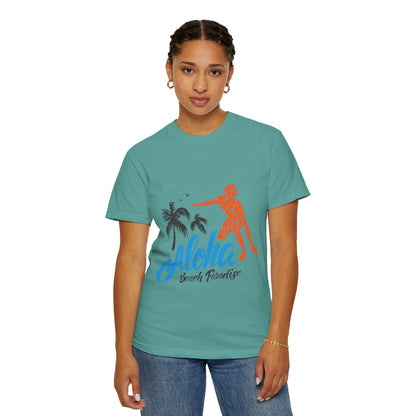 Funny Aloha Beach Paradise White Sand Coconut Tress Beach Party Beach Bar Beach Surfers Unisex Heavy Cotton T-Shirt