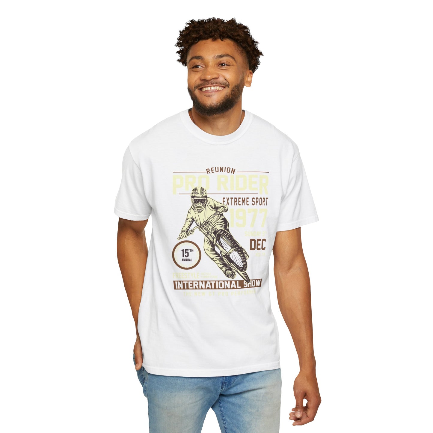 Vintage Reunion Pro Rider Extreme Sport 1977 Free Style Retro Bicycle Two Wheeled Adventure Unisex Heavy Cotton T-Shirt