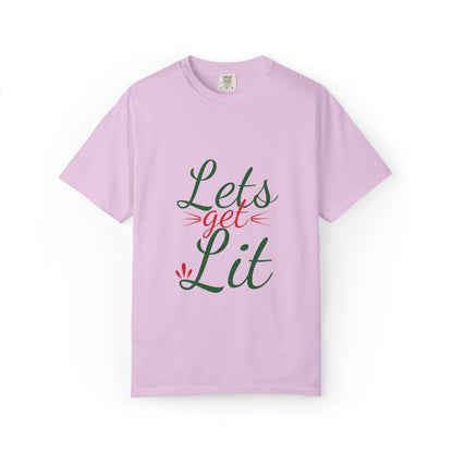 Let’s Get Lit Sparkly Bows Merry Christmas New Year Celebration Festive Season Xmas Tree Fireworks Unisex Heavy Cotton T-Shirt