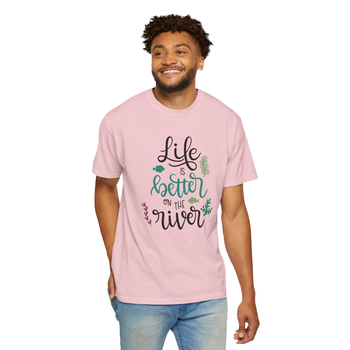 Life Is Better On The River Sand Seashells Waves Tee Elegance Glasses Amazing Fishes Unisex Heavy Cotton T-Shirt