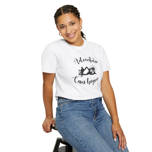 Adventure Can Begin Trendy Tee Enjoyment Mountain Hut Belays Ropes Fun Activities Exploring Unisex Heavy Cotton T-Shirt