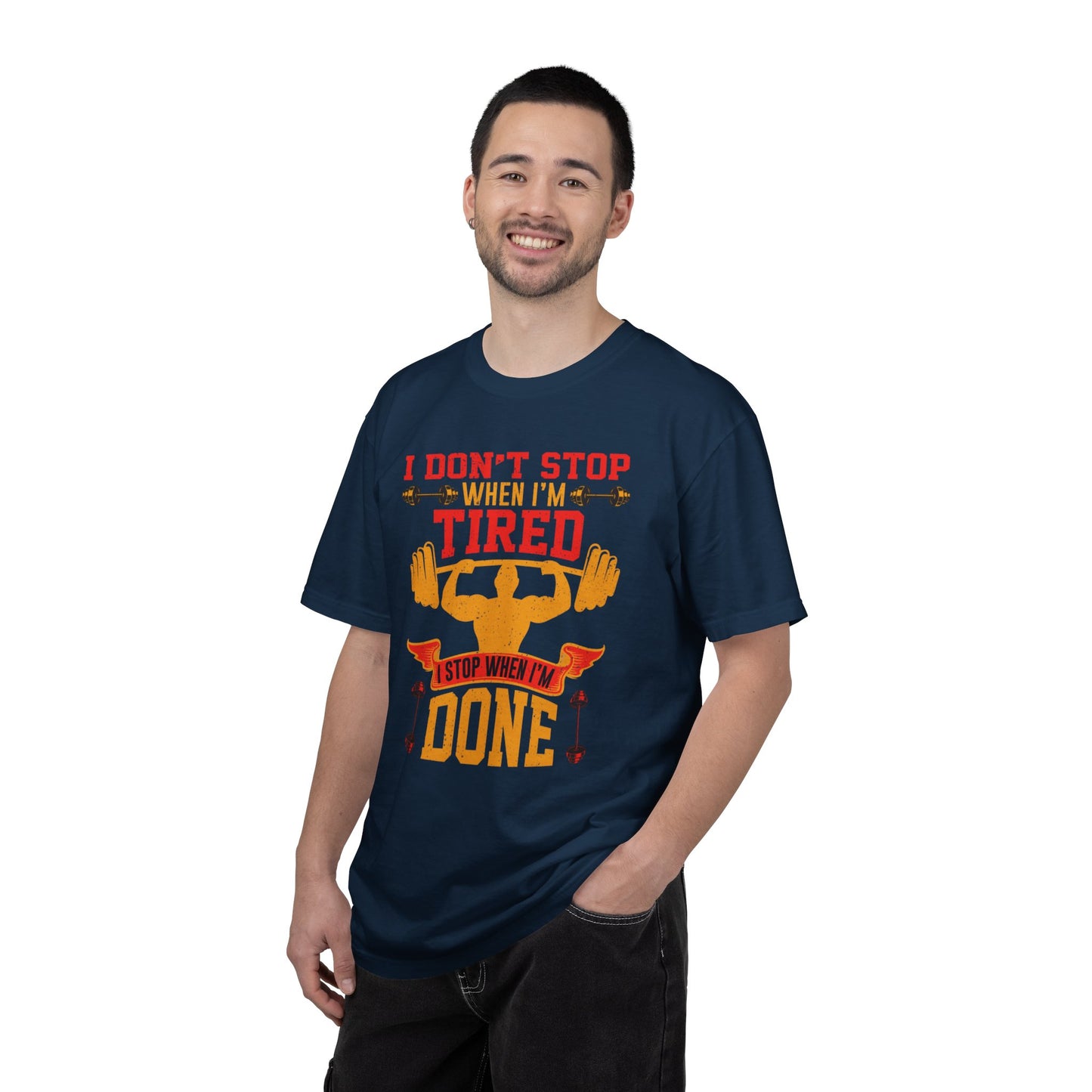Inspirational I Don’t Stop When I’m Tired I Stop When I’m Done Fitness Lovers Dumbbells Bodybuilding Workout Gears Unisex Heavy Cotton T-Shirt