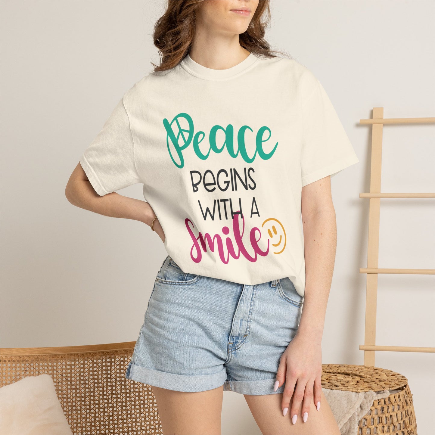 Peace Begins With A Smile Kindness Heartfelt Compliments Tee Thoughtful Gestures Love-Inspiration Unisex Heavy Cotton T-Shirt