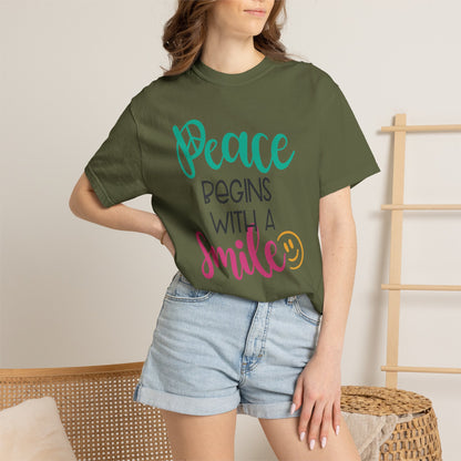 Peace Begins With A Smile Kindness Heartfelt Compliments Tee Thoughtful Gestures Love-Inspiration Unisex Heavy Cotton T-Shirt