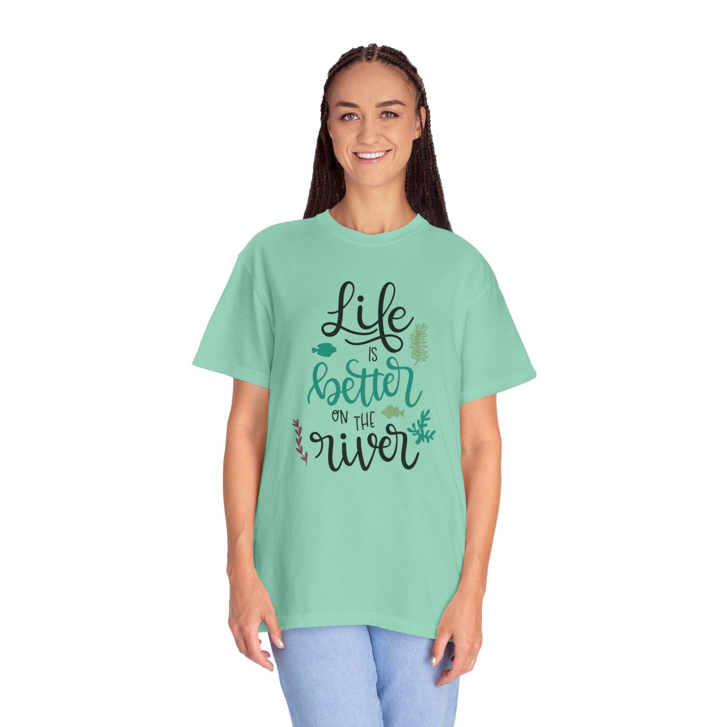 Life Is Better On The River Sand Seashells Waves Tee Elegance Glasses Amazing Fishes Unisex Heavy Cotton T-Shirt