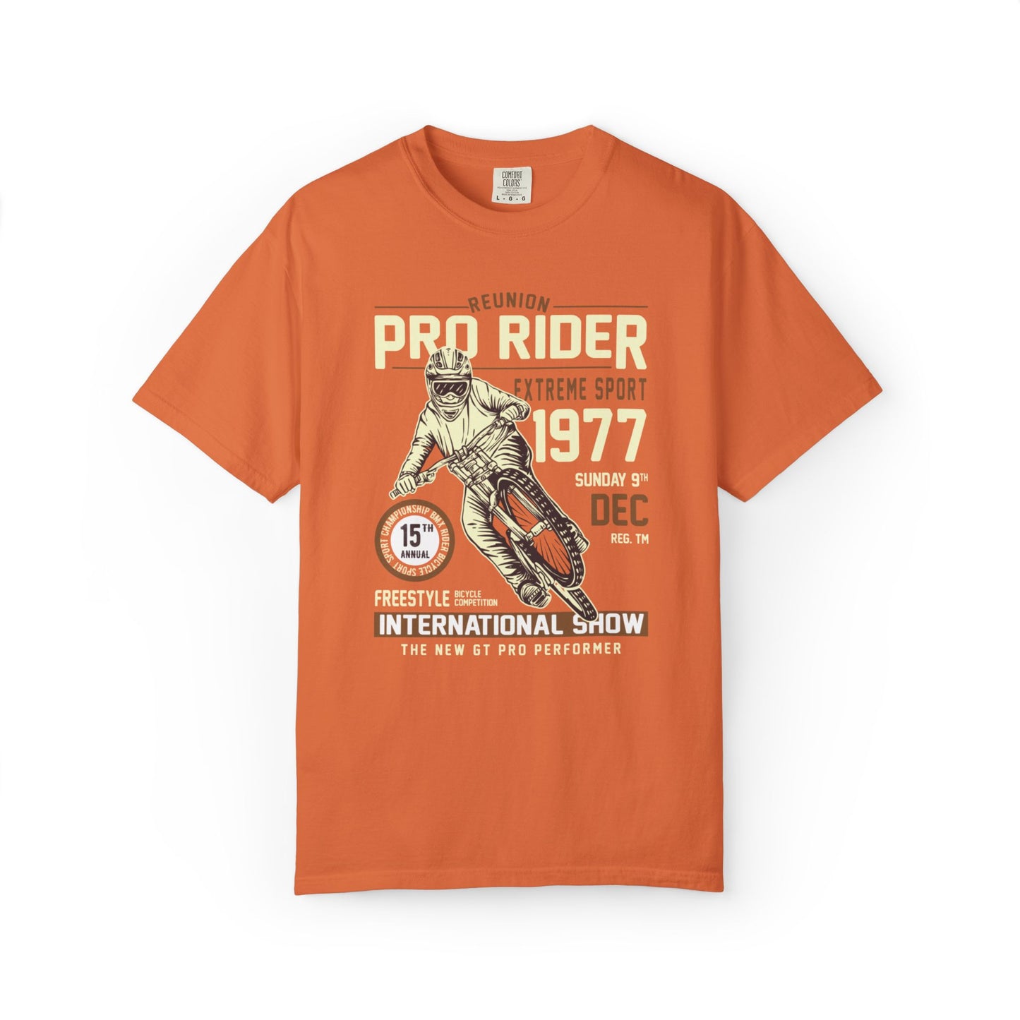 Vintage Reunion Pro Rider Extreme Sport 1977 Free Style Retro Bicycle Two Wheeled Adventure Unisex Heavy Cotton T-Shirt