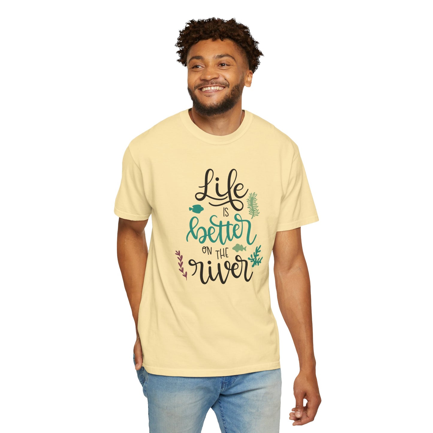 Life Is Better On The River Sand Seashells Waves Tee Elegance Glasses Amazing Fishes Unisex Heavy Cotton T-Shirt