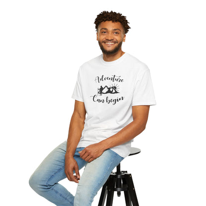 Adventure Can Begin Trendy Tee Enjoyment Mountain Hut Belays Ropes Fun Activities Exploring Unisex Heavy Cotton T-Shirt