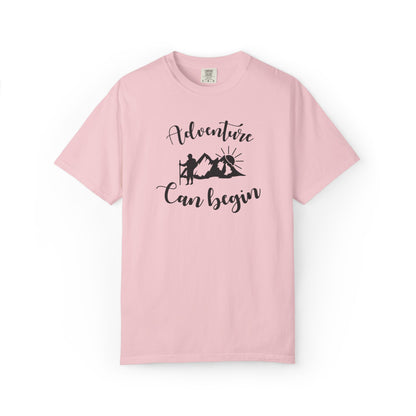 Adventure Can Begin Trendy Tee Enjoyment Mountain Hut Belays Ropes Fun Activities Exploring Unisex Heavy Cotton T-Shirt