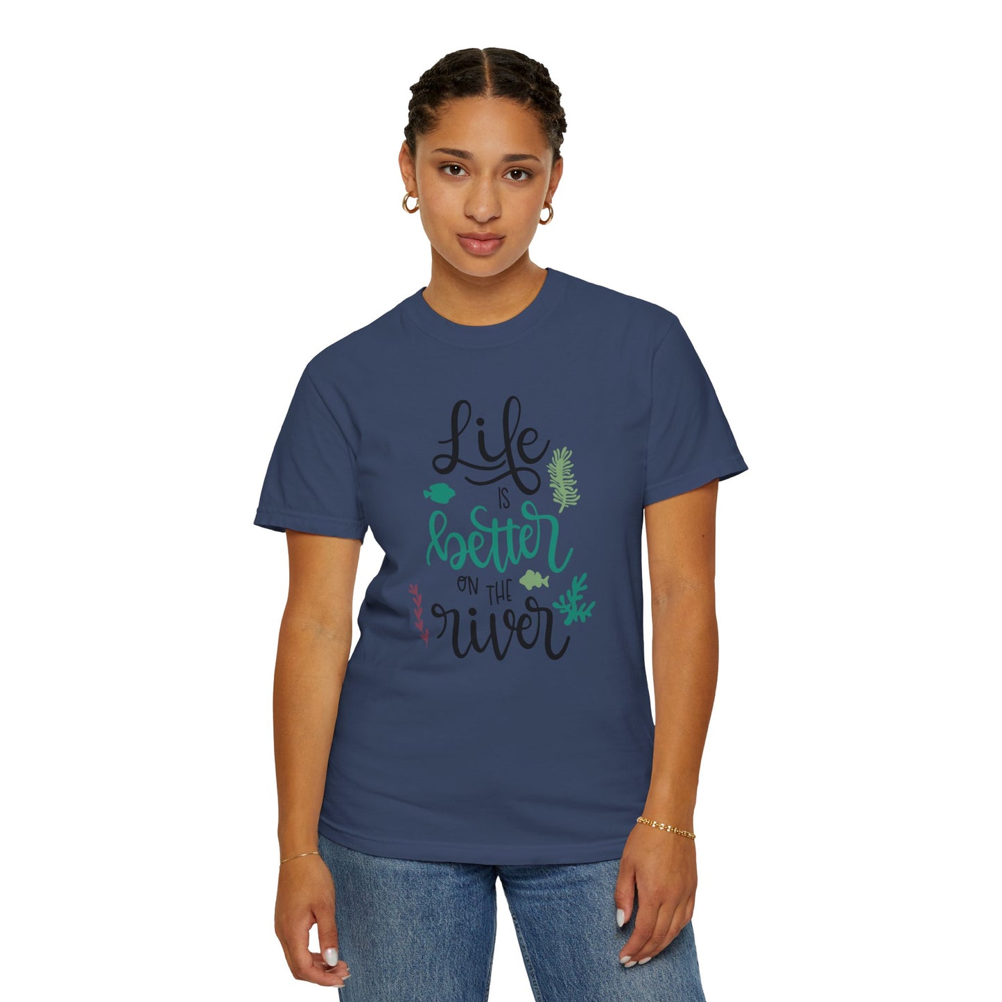 Life Is Better On The River Sand Seashells Waves Tee Elegance Glasses Amazing Fishes Unisex Heavy Cotton T-Shirt