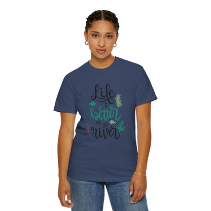 Life Is Better On The River Sand Seashells Waves Tee Elegance Glasses Amazing Fishes Unisex Heavy Cotton T-Shirt