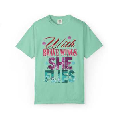With Brave Wings She Flies Encouragement Self-belief Tee Moral Support Hopefulness Positivity High Achievements Unisex Heavy Cotton T-Shirt