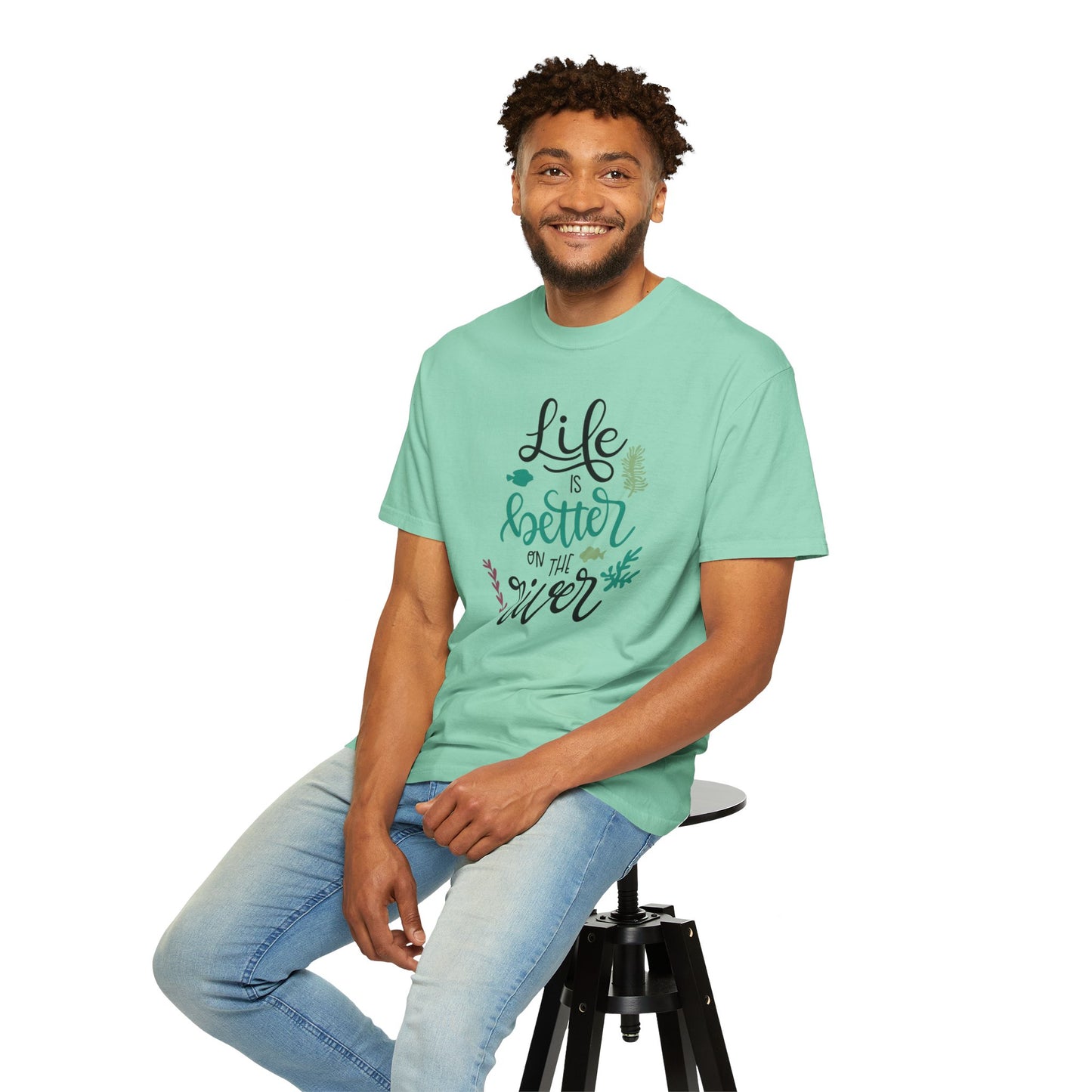 Life Is Better On The River Sand Seashells Waves Tee Elegance Glasses Amazing Fishes Unisex Heavy Cotton T-Shirt