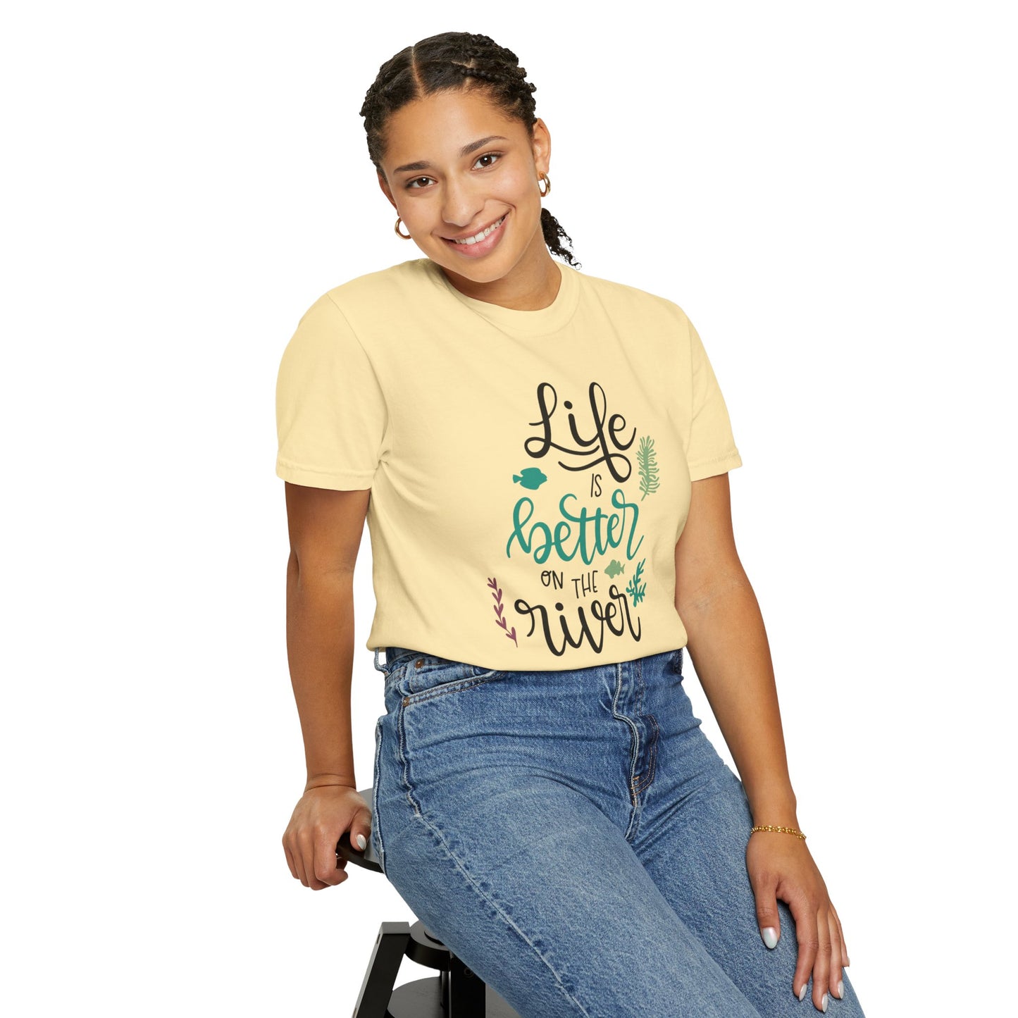 Life Is Better On The River Sand Seashells Waves Tee Elegance Glasses Amazing Fishes Unisex Heavy Cotton T-Shirt