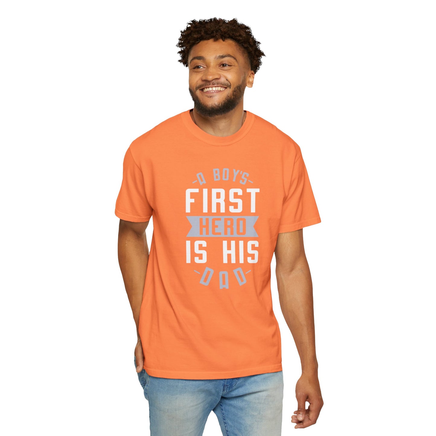 Cute A Boys First Hero Is His Dad Role Model Loving Father Fatherhood Heroic Dad Unisex Heavy Cotton T-Shirt
