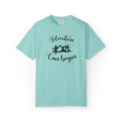 Adventure Can Begin Trendy Tee Enjoyment Mountain Hut Belays Ropes Fun Activities Exploring Unisex Heavy Cotton T-Shirt