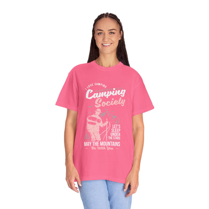 Funny Camping Society I Love Camping Enthusiastic Traveler Sarcastic Adventure Birds In The Mountains Unisex Heavy Cotton T-Shirt