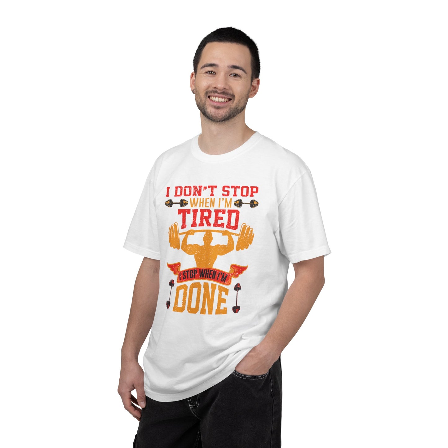 Inspirational I Don’t Stop When I’m Tired I Stop When I’m Done Fitness Lovers Dumbbells Bodybuilding Workout Gears Unisex Heavy Cotton T-Shirt