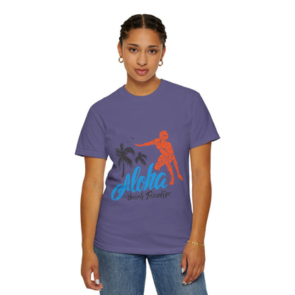 Funny Aloha Beach Paradise White Sand Coconut Tress Beach Party Beach Bar Beach Surfers Unisex Heavy Cotton T-Shirt