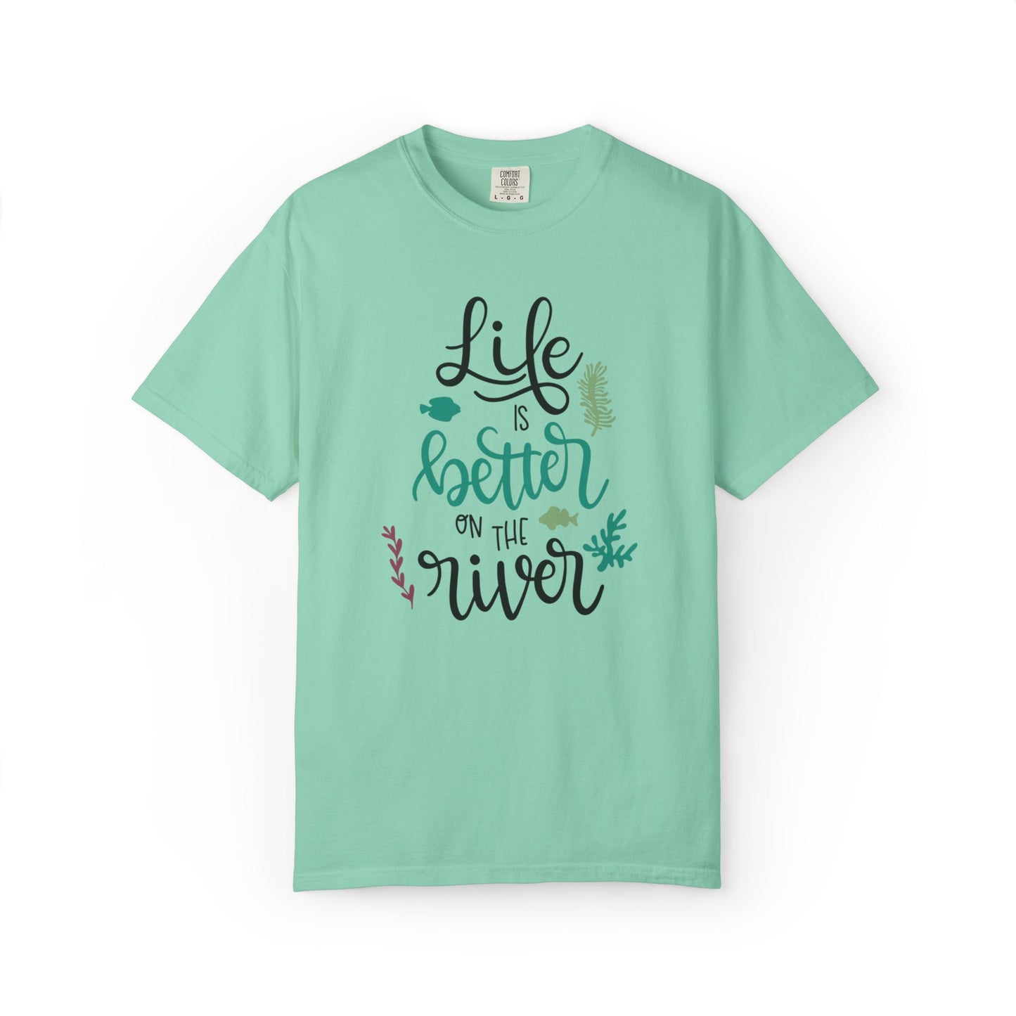 Life Is Better On The River Sand Seashells Waves Tee Elegance Glasses Amazing Fishes Unisex Heavy Cotton T-Shirt