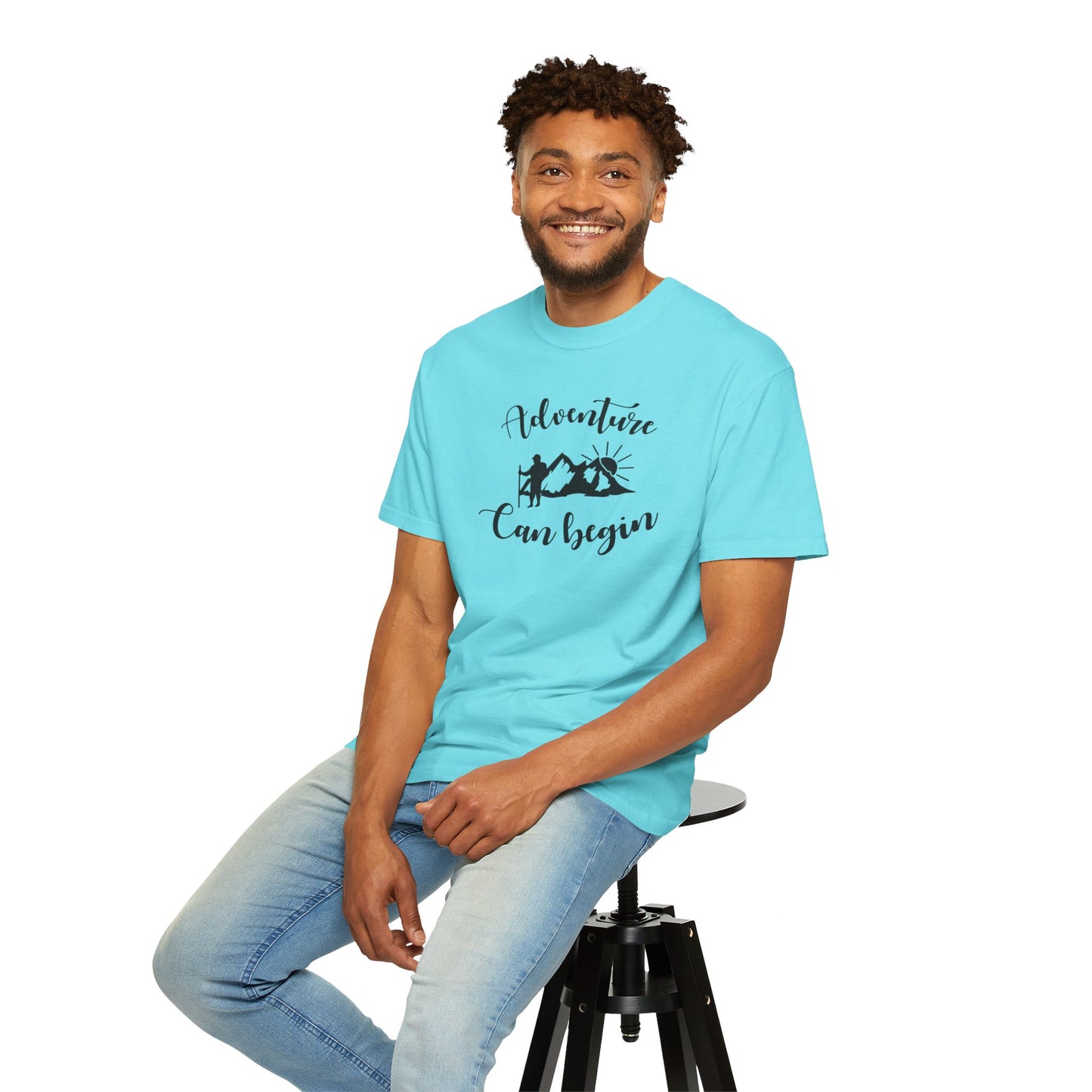 Adventure Can Begin Trendy Tee Enjoyment Mountain Hut Belays Ropes Fun Activities Exploring Unisex Heavy Cotton T-Shirt