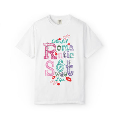 Colorful Romantic & Sweet Lips Affection Lovers Tee Romantic Relationship Forever Strawberry-Tinted Kisses Satin Softness Unisex Heavy Cotton T-Shirt