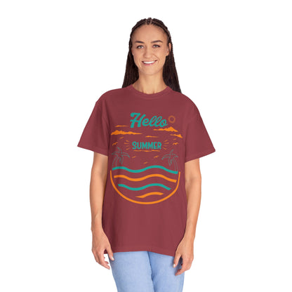 Exciting Hello Summer Sunrise & Sunburn Beach Days Ice Cream Summer Camp Unisex Heavy Cotton T-Shirt