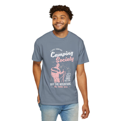 Funny Camping Society I Love Camping Enthusiastic Traveler Sarcastic Adventure Birds In The Mountains Unisex Heavy Cotton T-Shirt