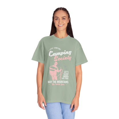Funny Camping Society I Love Camping Enthusiastic Traveler Sarcastic Adventure Birds In The Mountains Unisex Heavy Cotton T-Shirt