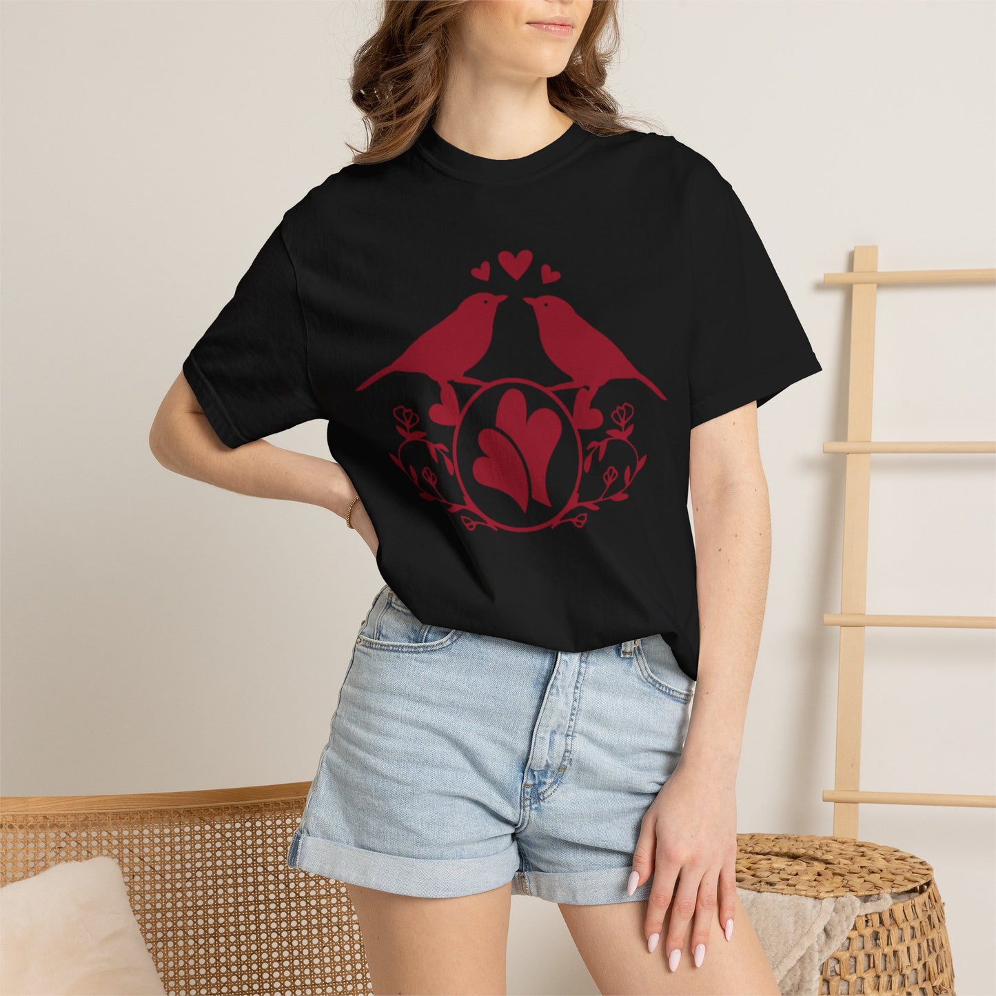 Romantic Love Birds Monogram Boundless Love Affection Lover’s Tee Infinite Bliss Butterfly Kisses Evergreen Romance Unisex Heavy Cotton T-Shirt