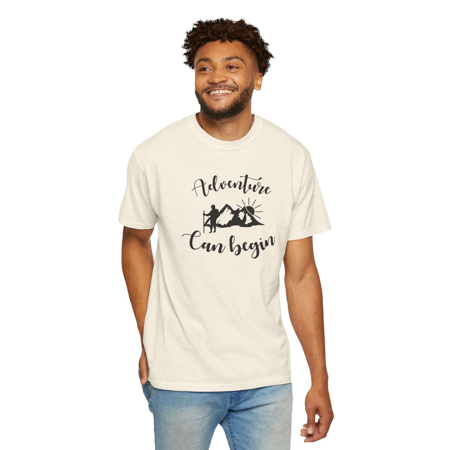 Adventure Can Begin Trendy Tee Enjoyment Mountain Hut Belays Ropes Fun Activities Exploring Unisex Heavy Cotton T-Shirt