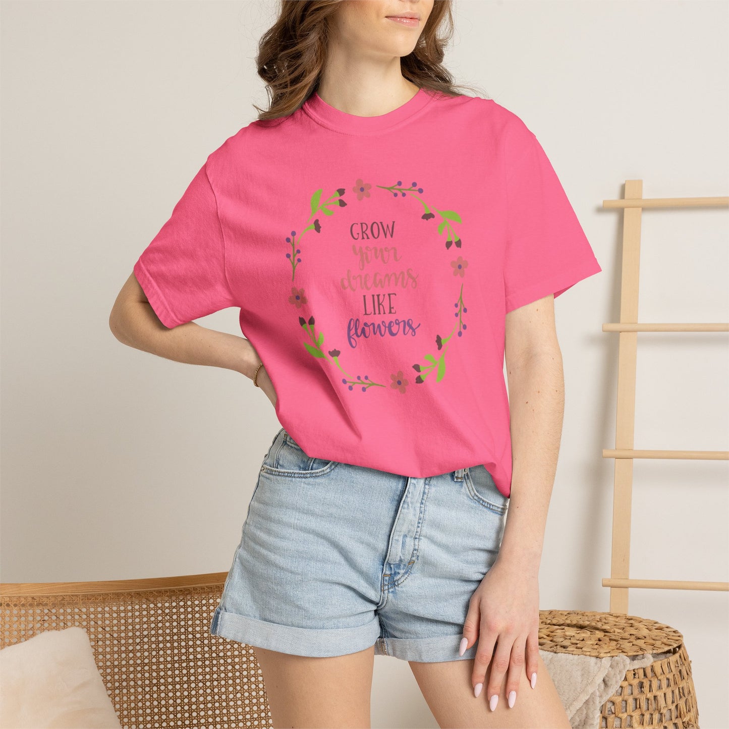 Grow Your Dreams Like Flower Inspiration Tee Goal-Setting Nurturing Ambition Blooming Aspiration Unisex Heavy Cotton T-Shirt