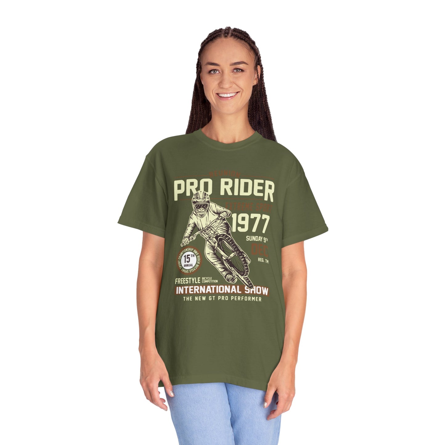 Vintage Reunion Pro Rider Extreme Sport 1977 Free Style Retro Bicycle Two Wheeled Adventure Unisex Heavy Cotton T-Shirt