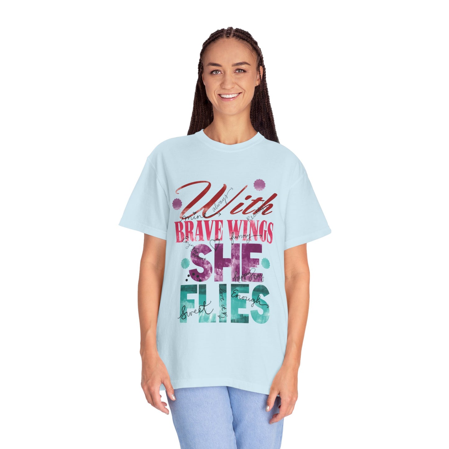 With Brave Wings She Flies Encouragement Self-belief Tee Moral Support Hopefulness Positivity High Achievements Unisex Heavy Cotton T-Shirt