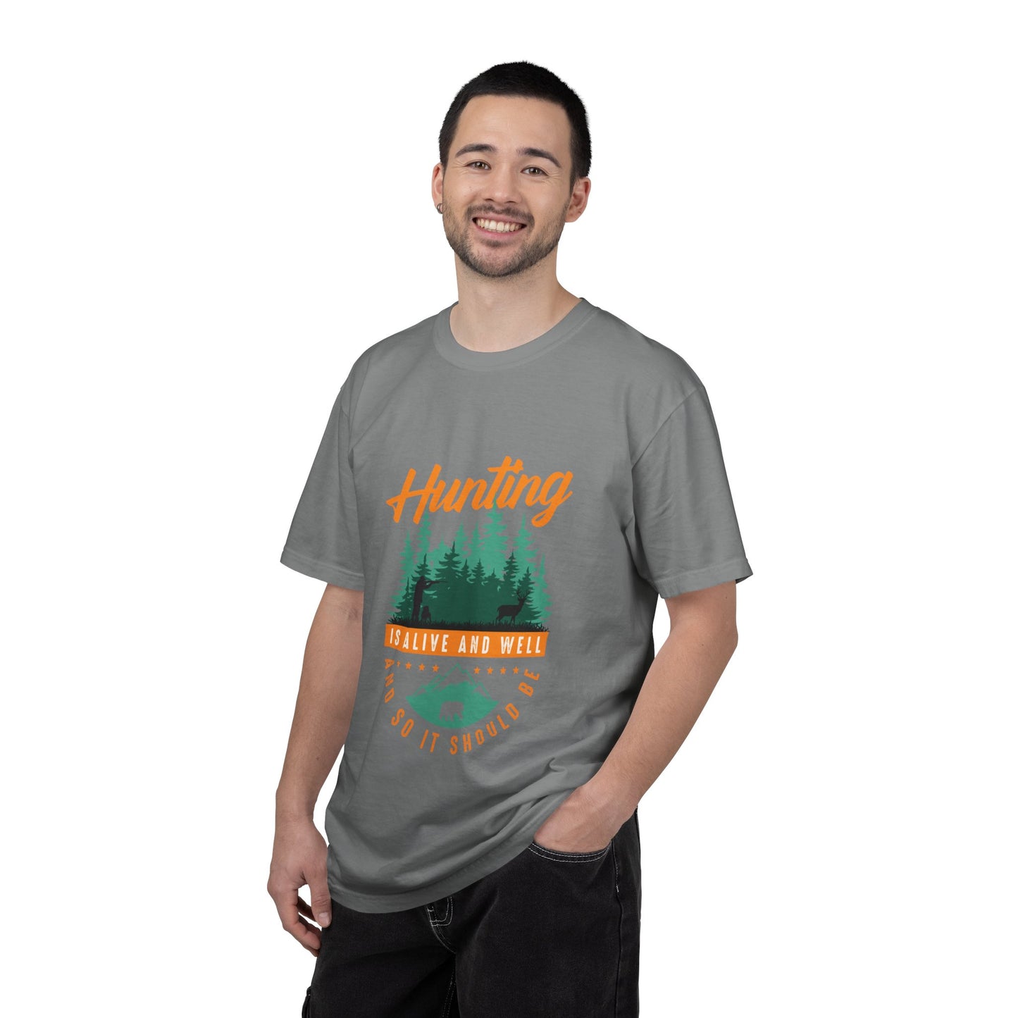 Funny Hunting Is Alive And Well Hunting Enthusiast Hunting Season Sarcastic Forest Wilderness Adventure Unisex Heavy Cotton T-Shirt