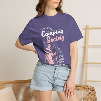 Funny Camping Society I Love Camping Enthusiastic Traveler Sarcastic Adventure Birds In The Mountains Unisex Heavy Cotton T-Shirt