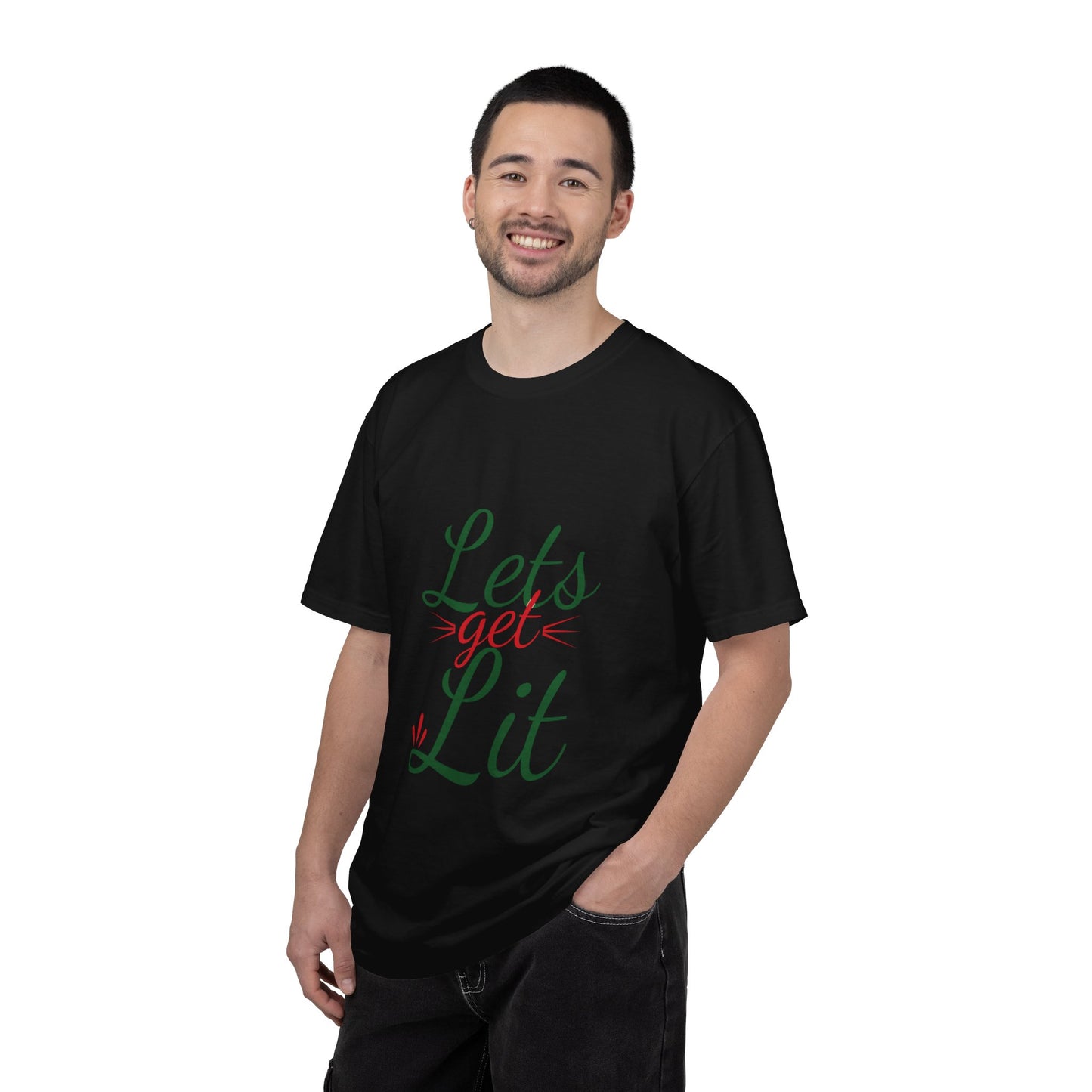 Let’s Get Lit Sparkly Bows Merry Christmas New Year Celebration Festive Season Xmas Tree Fireworks Unisex Heavy Cotton T-Shirt