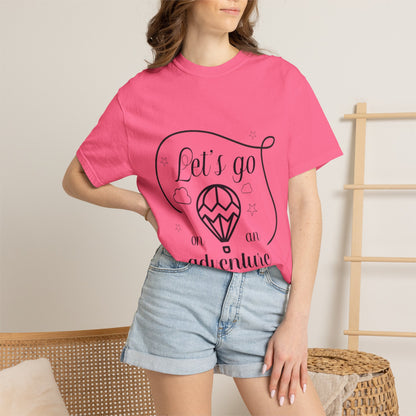 Let’s Go On An Adventure Nature Exploration Bonfire Travel Lovers Tee Freedom Hot Air Balloon Unisex Heavy Cotton T-Shirt